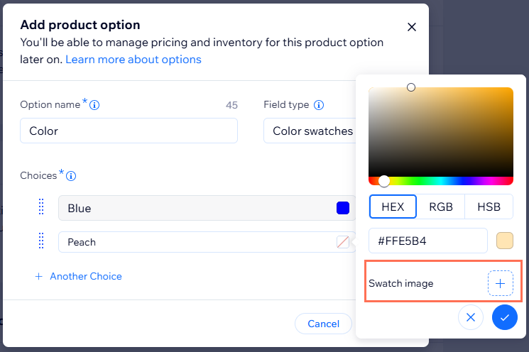 Screenshot van de pop-up waarin je een tint of een afbeelding selecteert voor een kleurenproductoptie in Wix Stores.