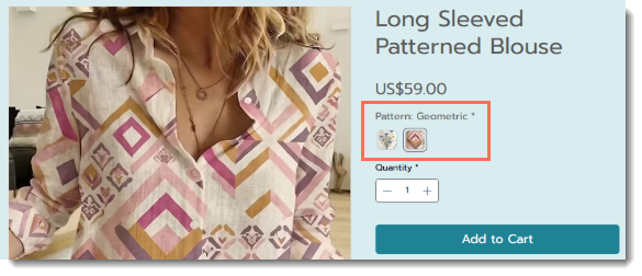 Screenshot della pagina del prodotto su Wix Stores che mostra un'opzione del prodotto con immagini dei colori