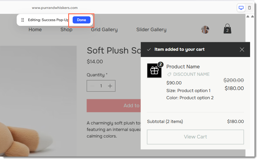 Screenshot of the success popup element with the Done button outlined.
