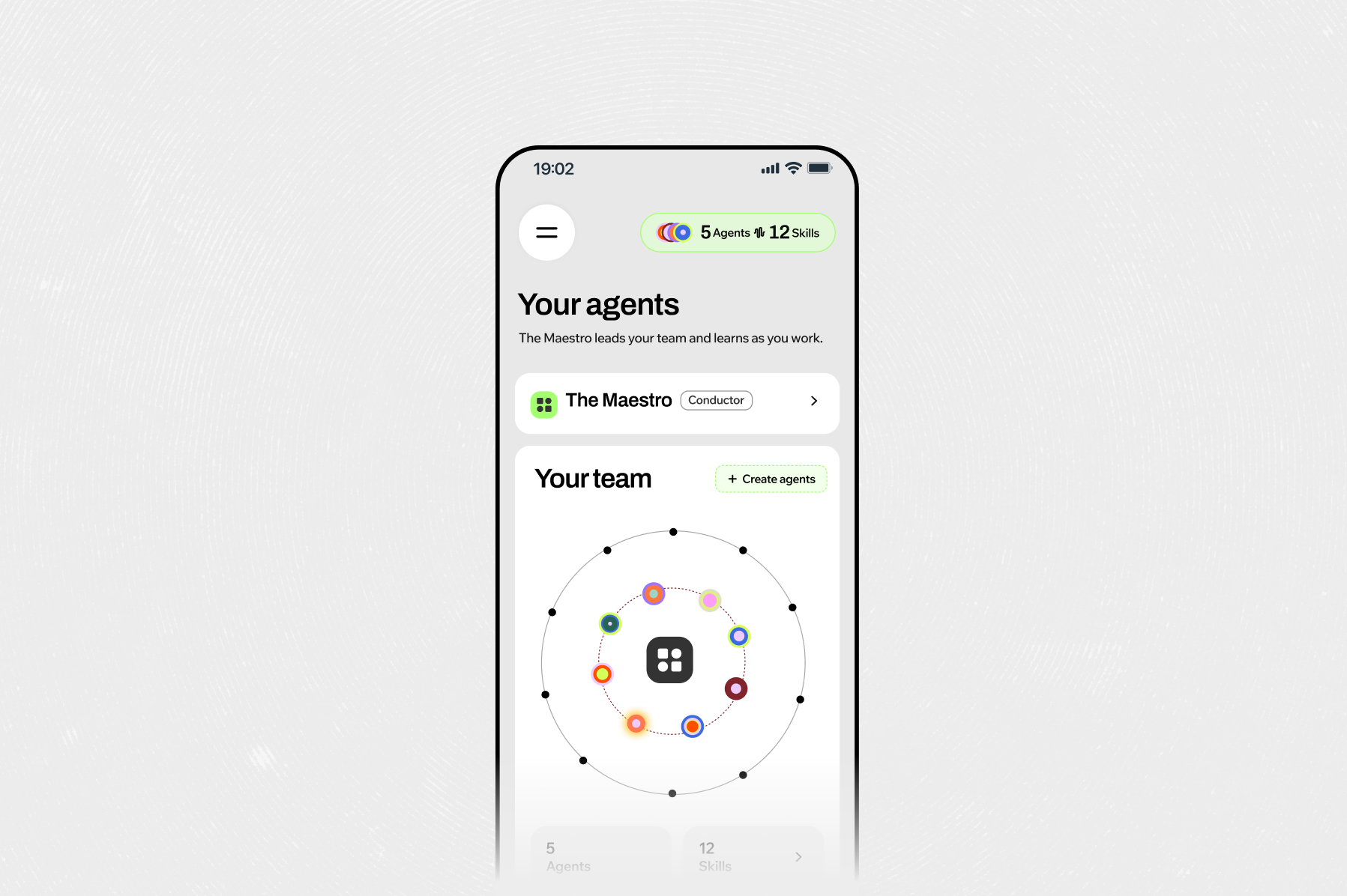 Uma imagem do app Symphony by Wix mostrando a tela de visão geral dos agentes.