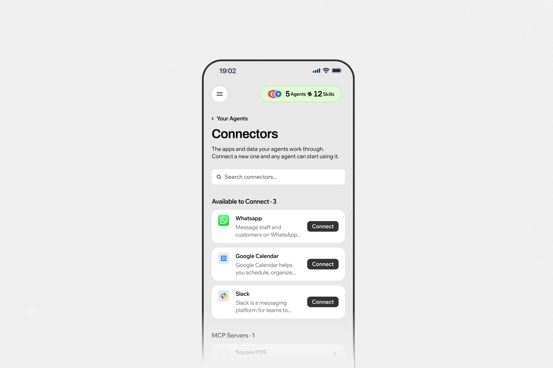 Uma imagem do app Symphony by Wix mostrando a tela de Conectores com exemplos de ferramentas que podem ser conectadas.