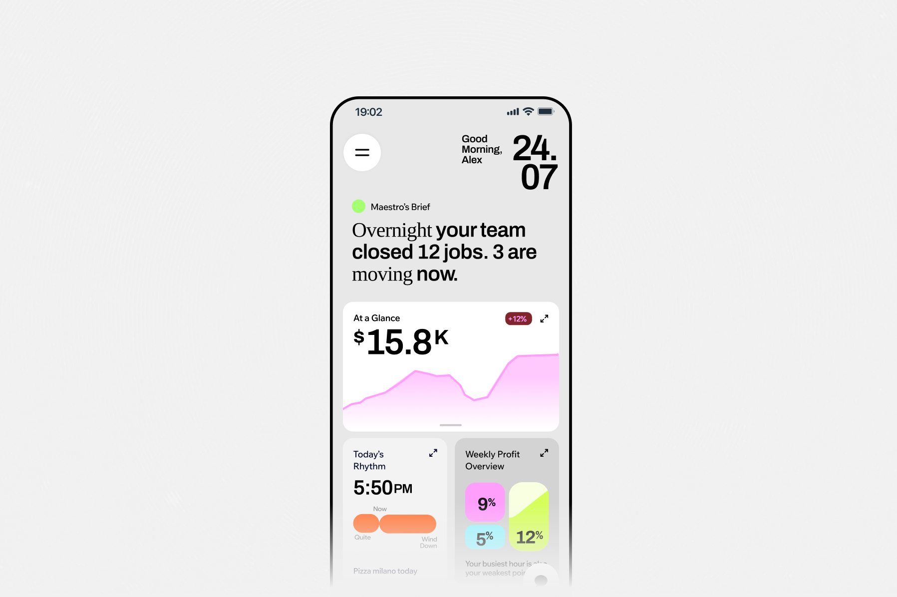 Uma imagem do app Symphony by Wix mostrando uma tela de visão geral com um resumo das métricas do negócio.
