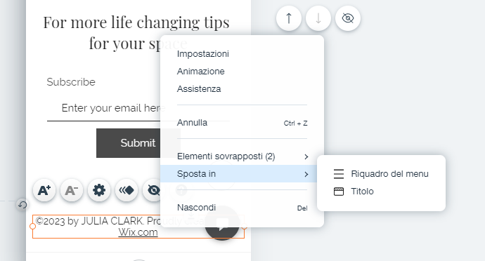 Il menu di scelta rapida di un elemento nell'Editor mobile. L'opzione