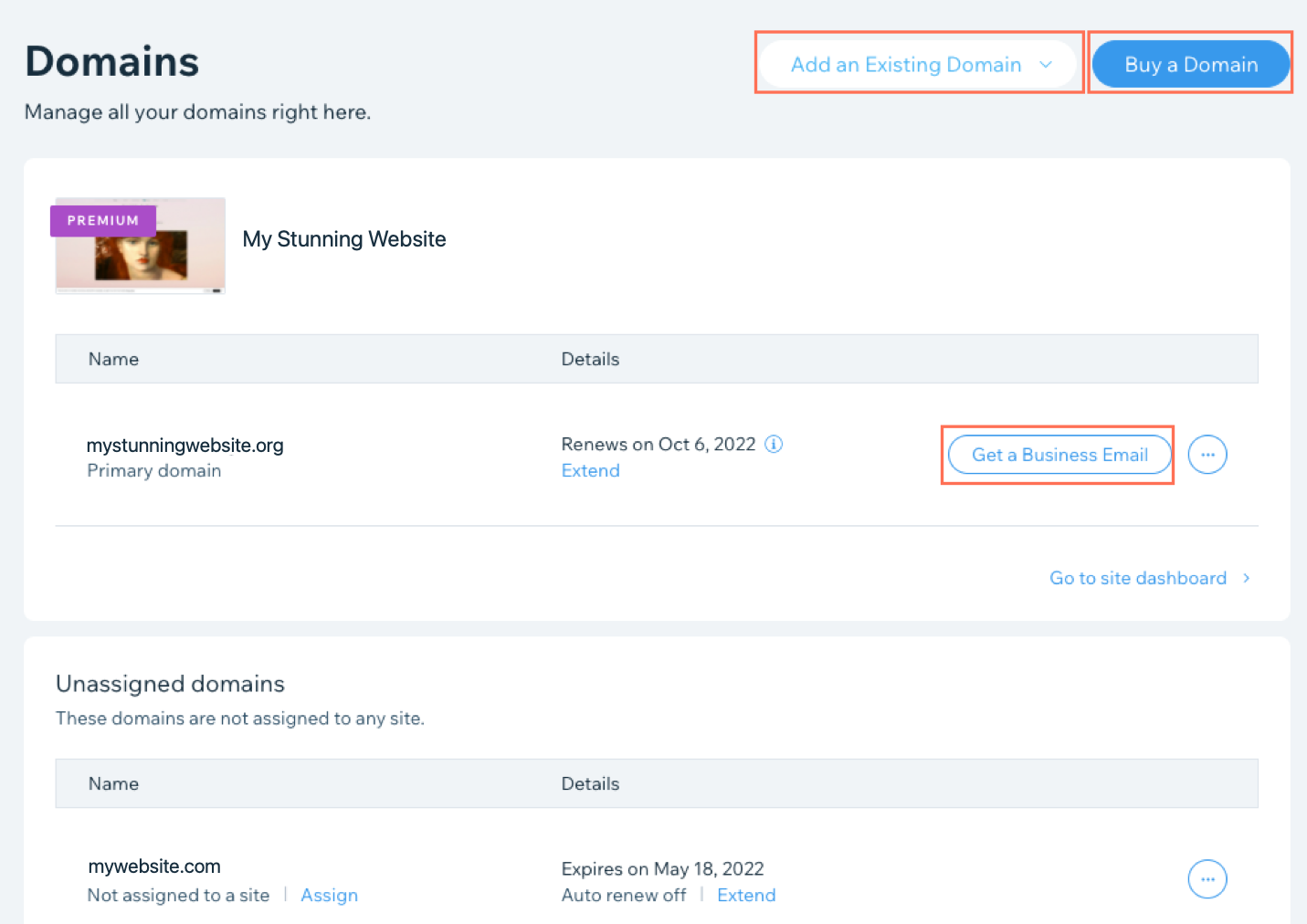 A screenshot highlighting the connect purchase and business email options on the Domains page of a Wix account.