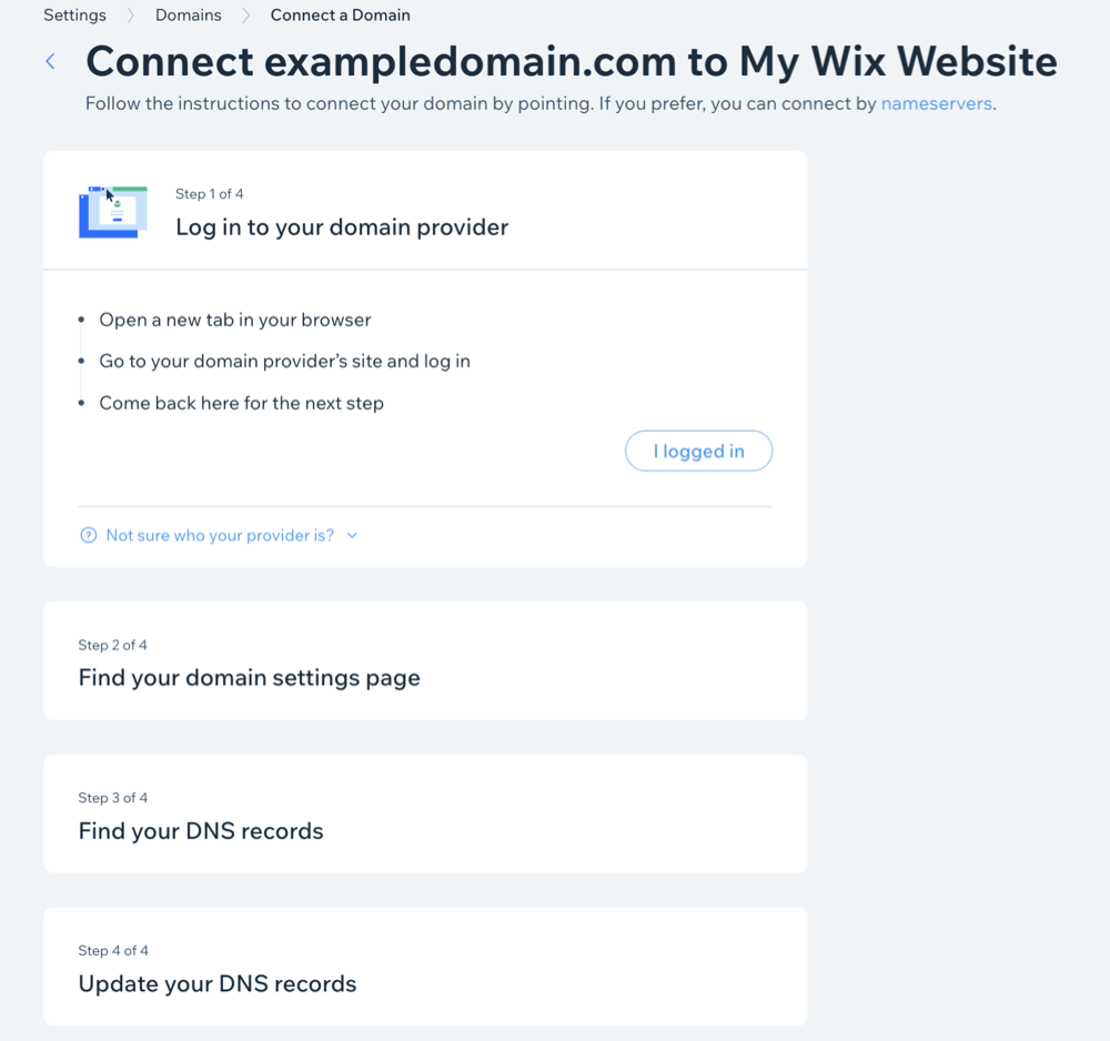 Image of Wix step-by-step outline for connecting an external domain by the pointing method.