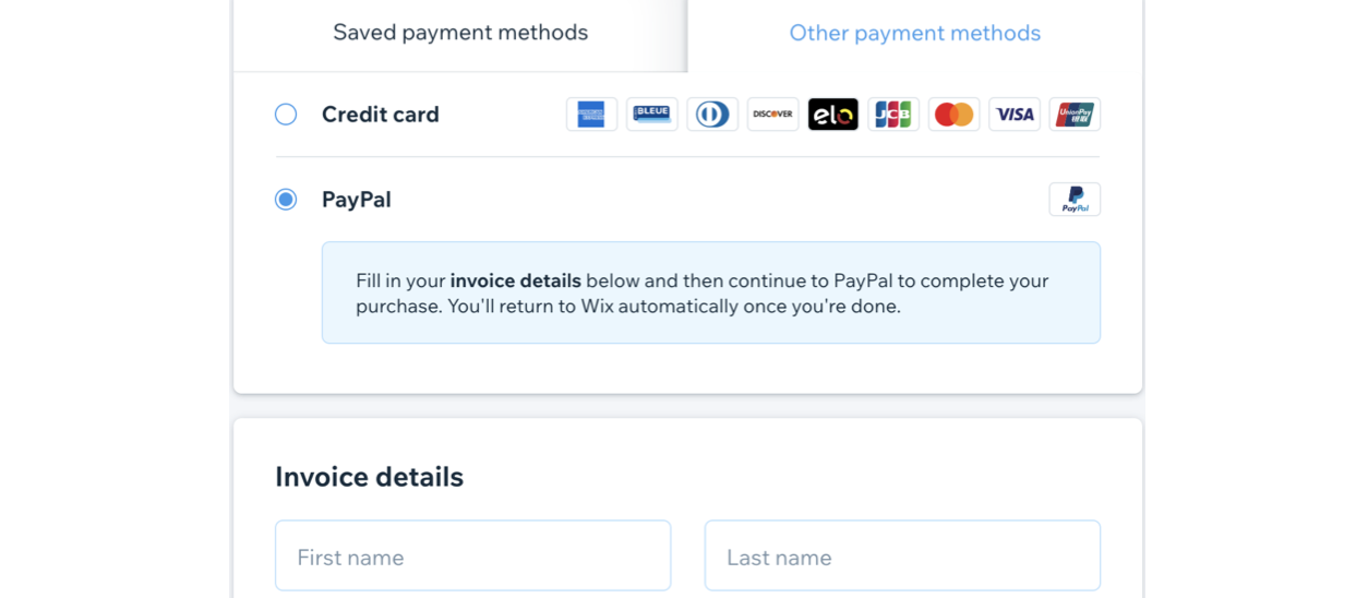 A screenshot showing PayPal as the selected payment method when purchasing a service from Wix.