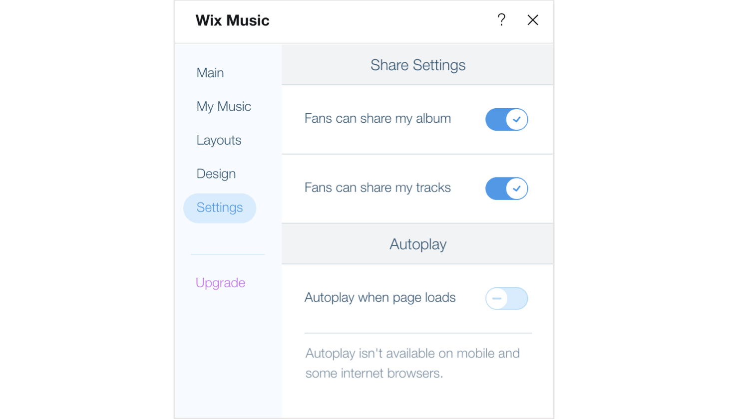 A screenshot of the Settings options available in the Wix Music player.