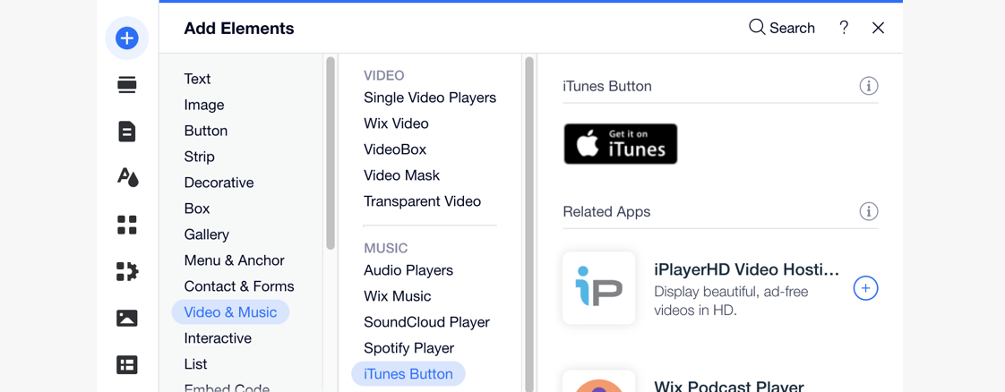 A screenshot showing how to add an iTunes button in the Add panel.