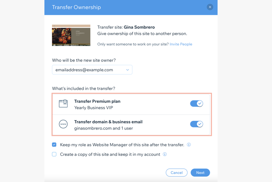 Image of Transfer Ownership pop-up