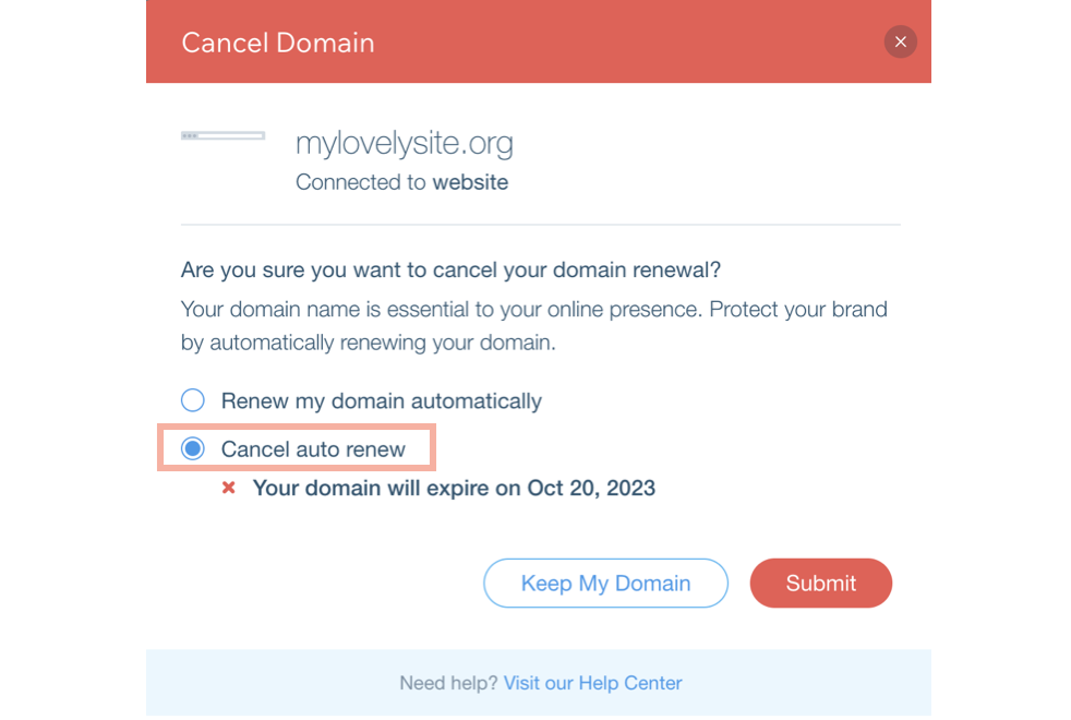 A screenshot of the Cancel domain popup. It shows the Cancel auto renew option selected.