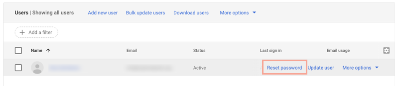 Image of Google Workspace admin console, with comma hovering over reset password