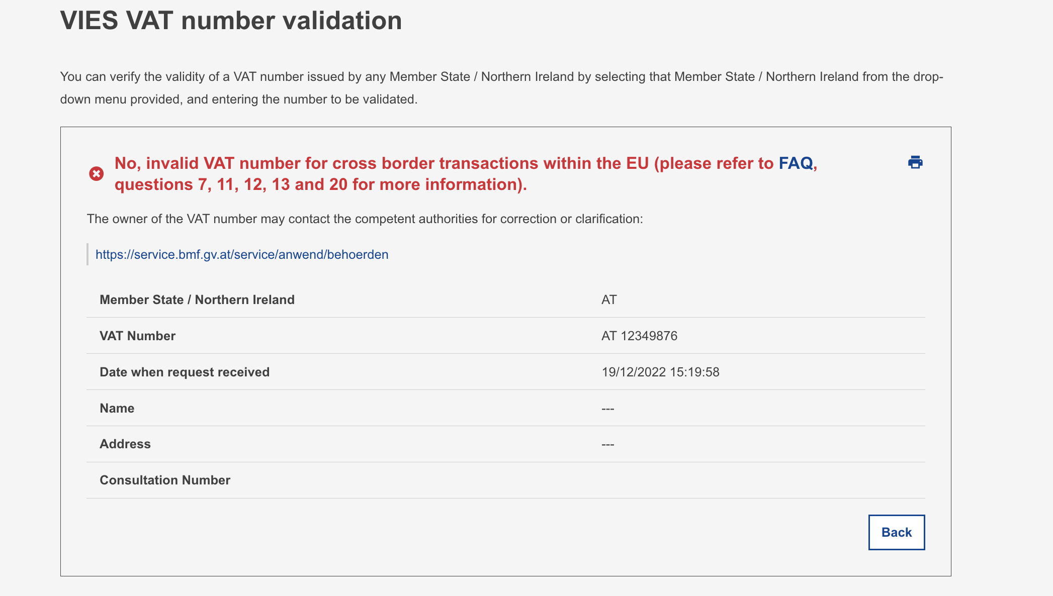 Screenshot, der ein Beispiel für die Fehlermeldung „Ungültige Umsatzsteuer-Identifikationsnummer“ zeigt