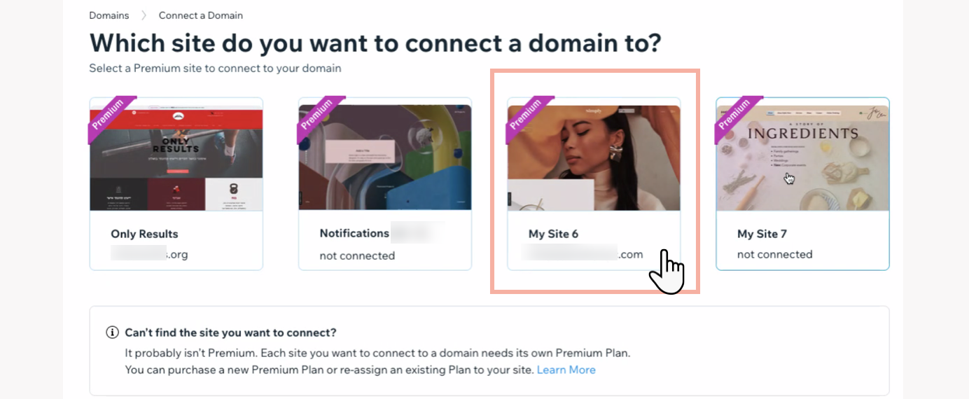 Een screenshot die laat zien dat een website wordt geselecteerd om een Wix-domein te koppelen.