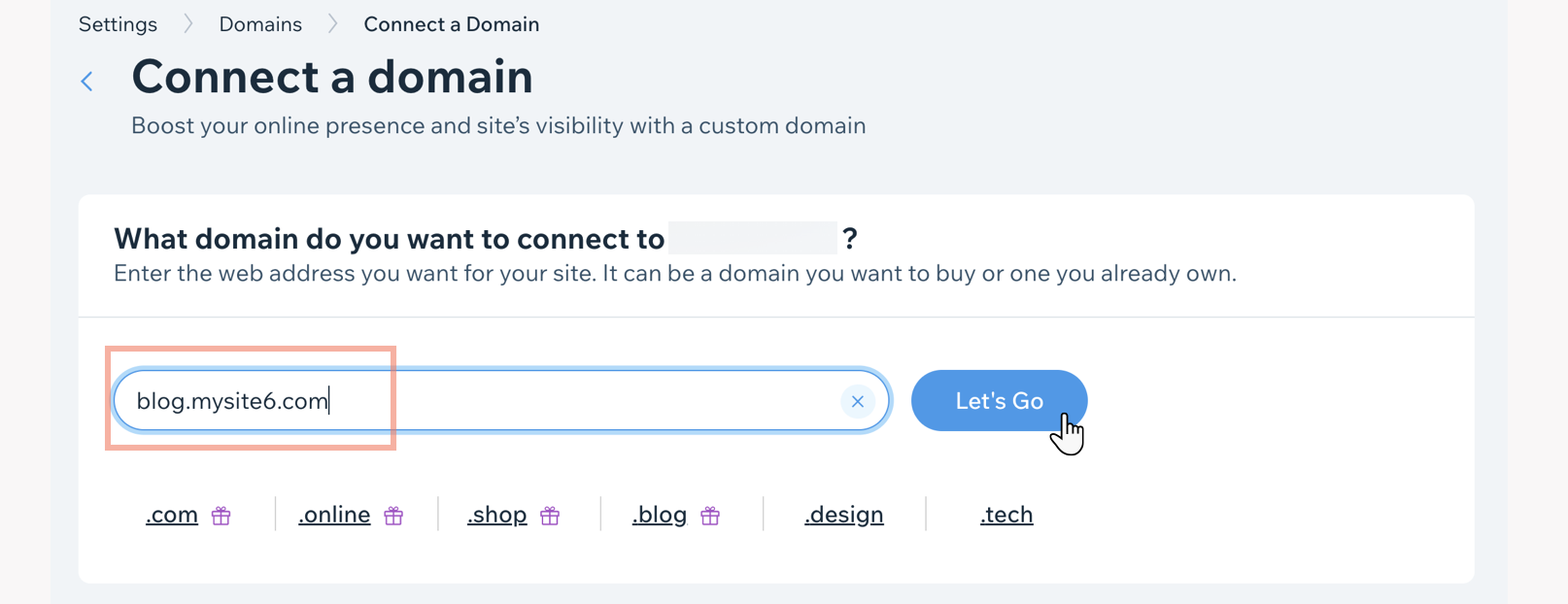 Geöffneter Flow zum Verbinden einer Domain mit eingegebener Subdomain-URL