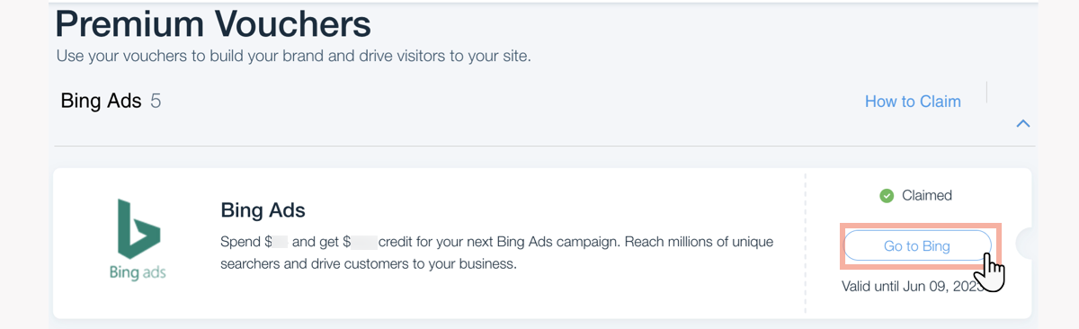 Image of Premium Vouchers Bing section with Go to Bing selected