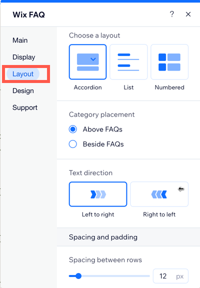 Layout Settings in Wix FAQ app in Wix Editor,