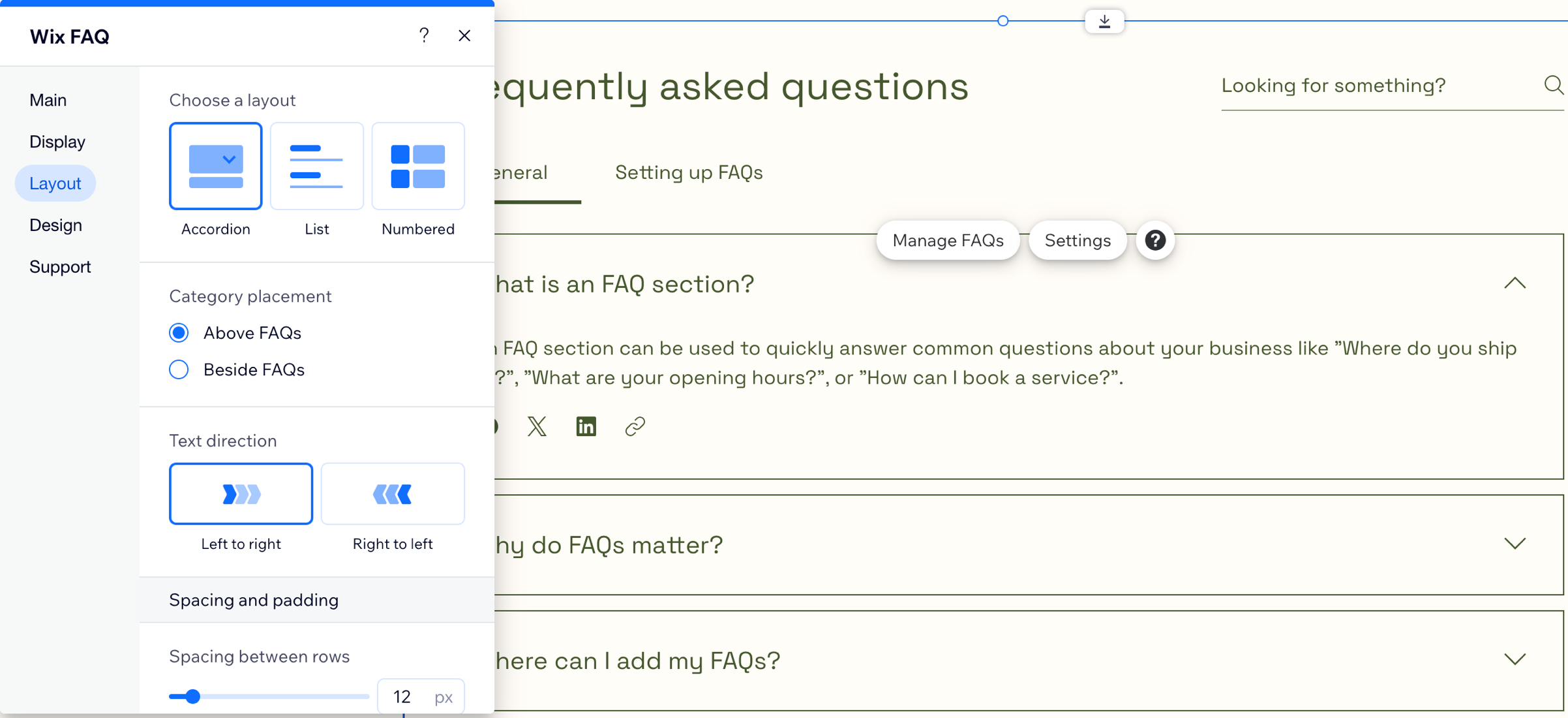 Wix FAQ design options,