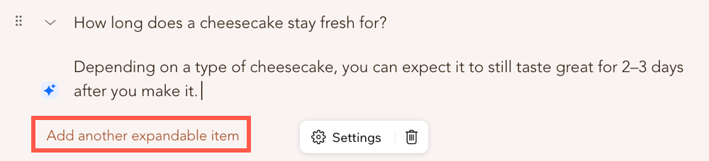 Expandable list in Blog post, button Add another expandable element highlighted,