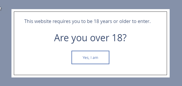 Screenshot of lightbox popup asking site visitor to confirm they are over 18.