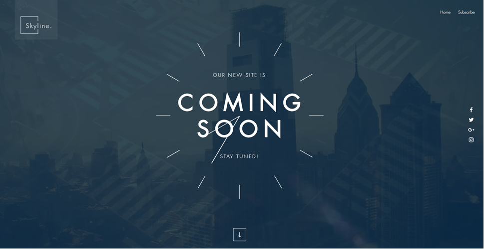 Captura de tela da landing page. Linha do horizonte atrás de um relógio com um texto que diz Em breve.