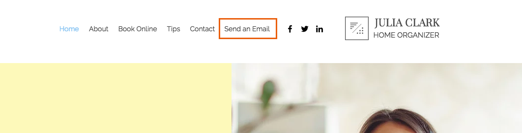 A livesite with a menu item titled 'Send an email' highlighted.