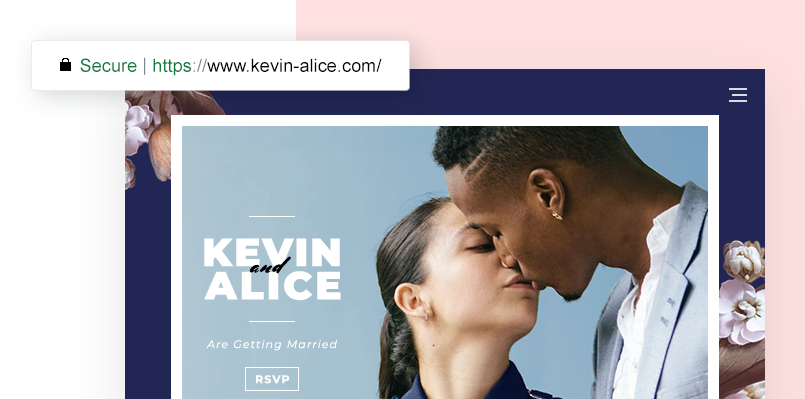 Imagen que muestra el sitio web de la boda de Kevin y Alice con su dominio personalizado.