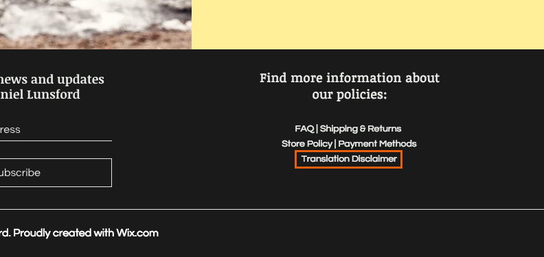 A screenshot of a footer on a live site with a translation disclaimer linked.