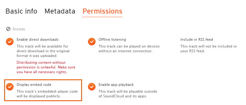 SoundCloud의 삽입 코드 표시 옵션 스크린샷