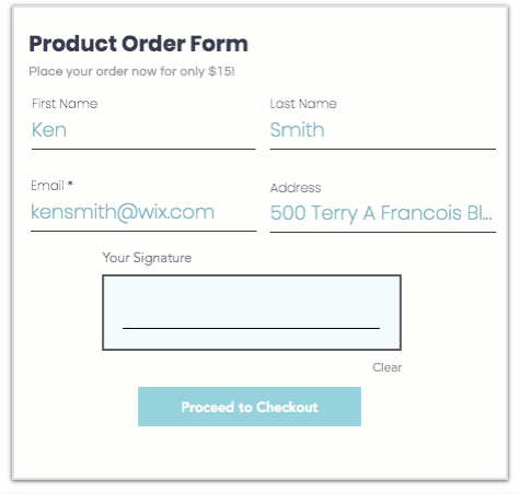 Gif di un modulo d'ordine di prodotti con una firma aggiunta a un campo firma sopra il tasto Vai al checkout