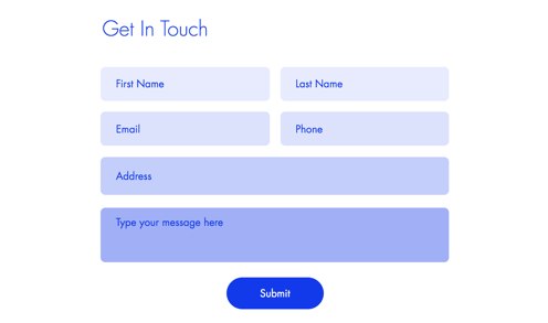 Screenshot of get in touch form with customized lilac fields.