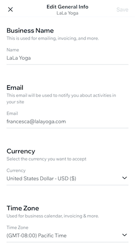 General business information in the Wix Owner app