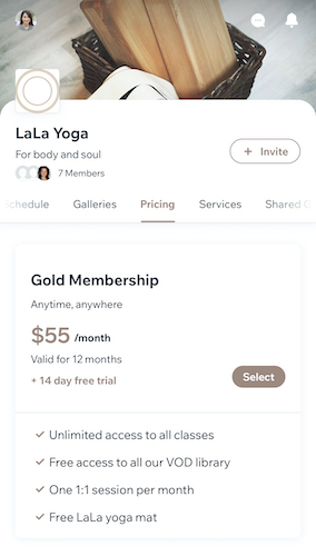 A screenshot showing pricing plans on the Fit by Wix app.