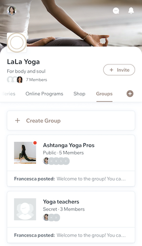 A screenshot showing a list of groups on the Fit by Wix app.