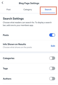 A screenshot showing the option to customize the blog search settings in the Wix app.