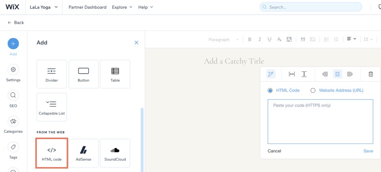A screenshot showing the option to embed HTML code.