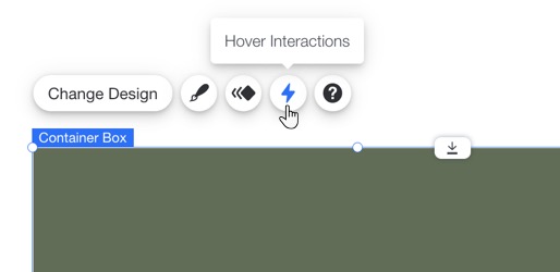 Uma captura de tela cortada mostrando um cursor clicando em interações ao passar o mouse após selecionar uma caixa contêiner.