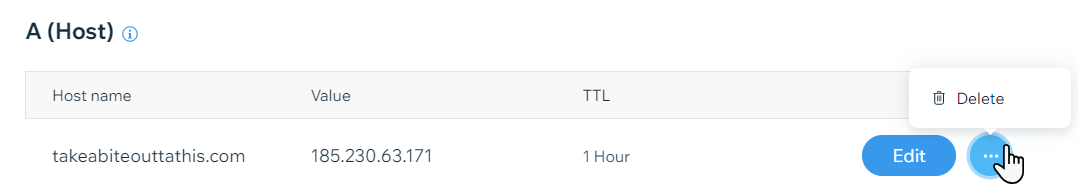 Capture d'écran montrant l'option de suppression pour supprimer un enregistrement DNS d'un compte Wix.