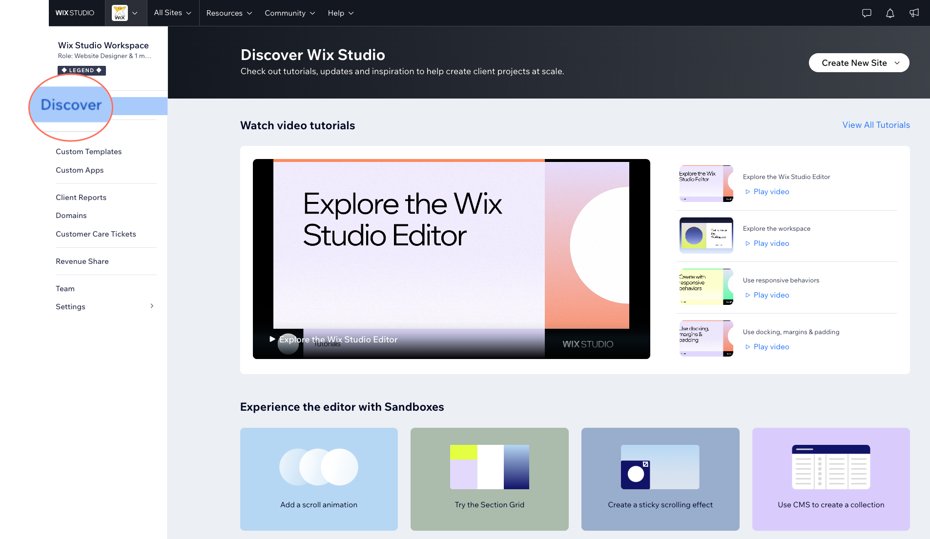 Screenshot, der die „Entdecken“-Seite in Wix Studio zeigt