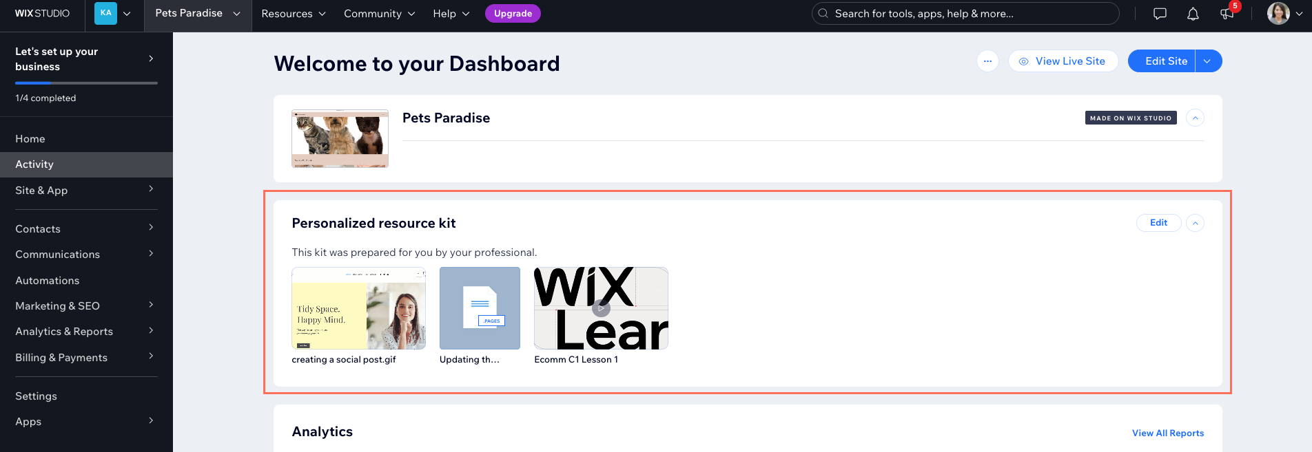 Uma captura de tela do painel de controle de um site.