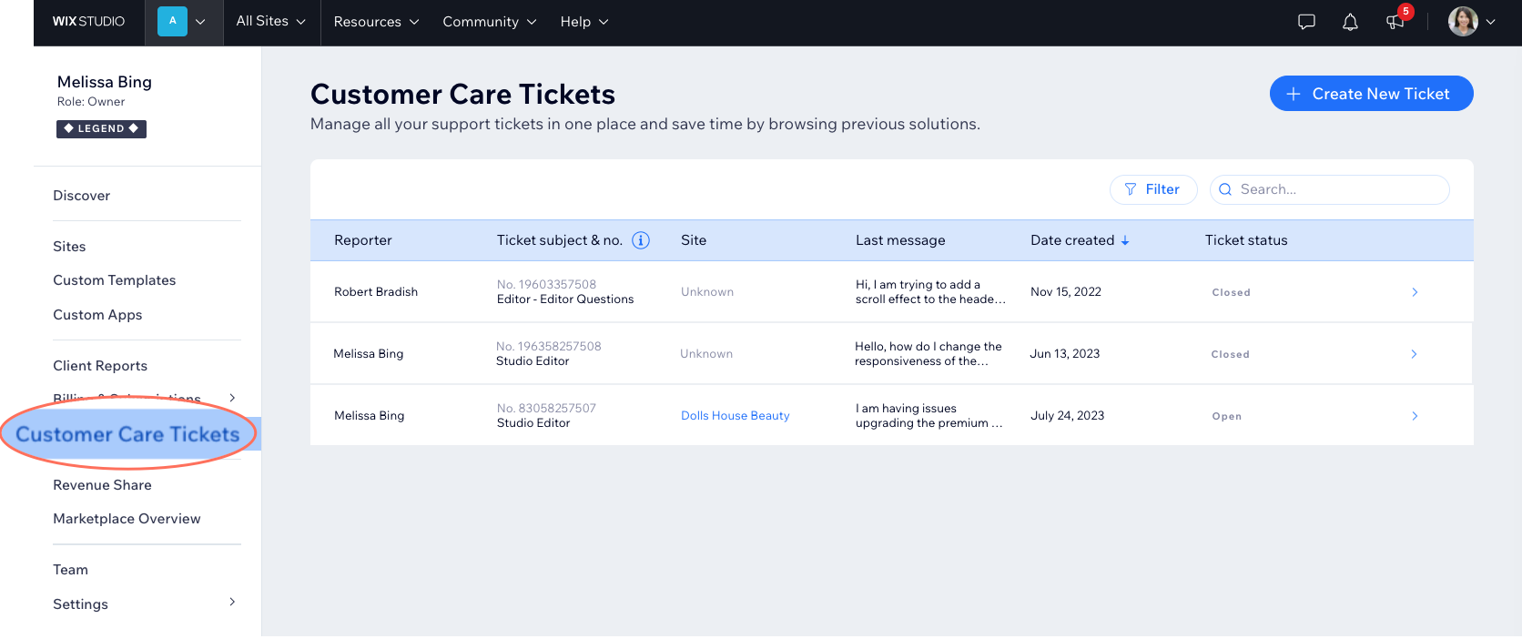 A screenshot of the customer care tickets tab in the Wix Studio workspace.