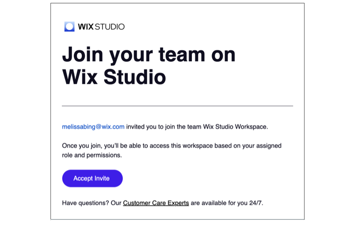 An invitation email sent to join a team in Wix Studio.