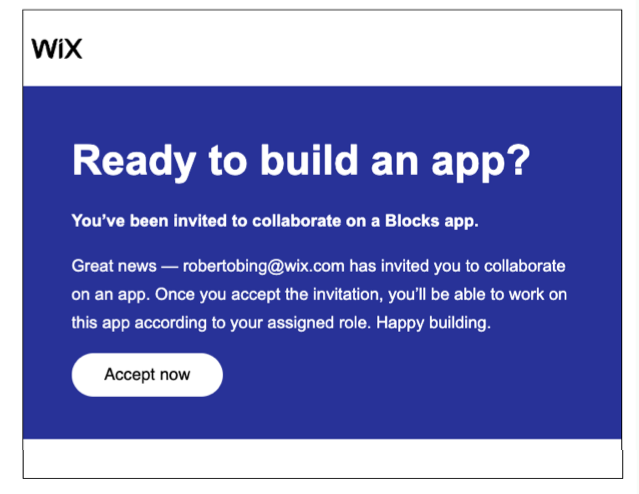 Captura de pantalla que muestra el email de invitación para colaborar en una app de Wix Blocks.