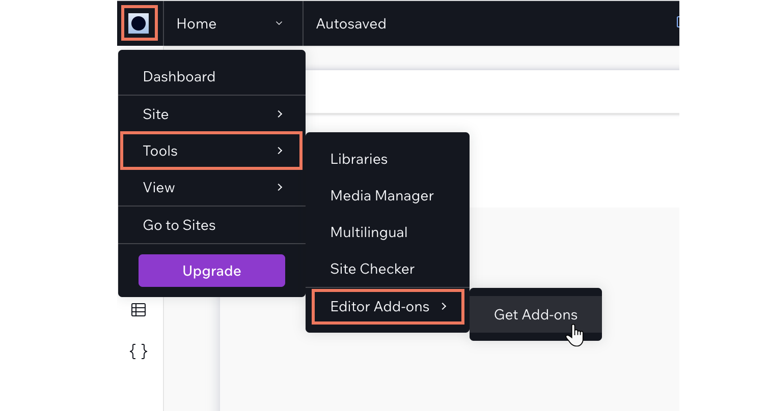 A screenshot showing the location of the Add-ons inside Studio Editor.