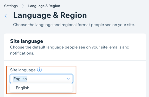 A screenshot showing how to change your site's language at Wix.