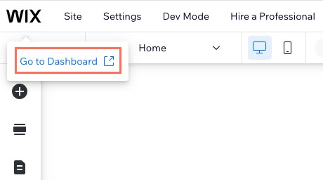 Wix 에디터에서 사이트 대시보드에 액세스하는 방법을 보여주는 스크린샷