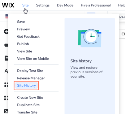 A screenshot showing how to access Site History from the Wix Editor.