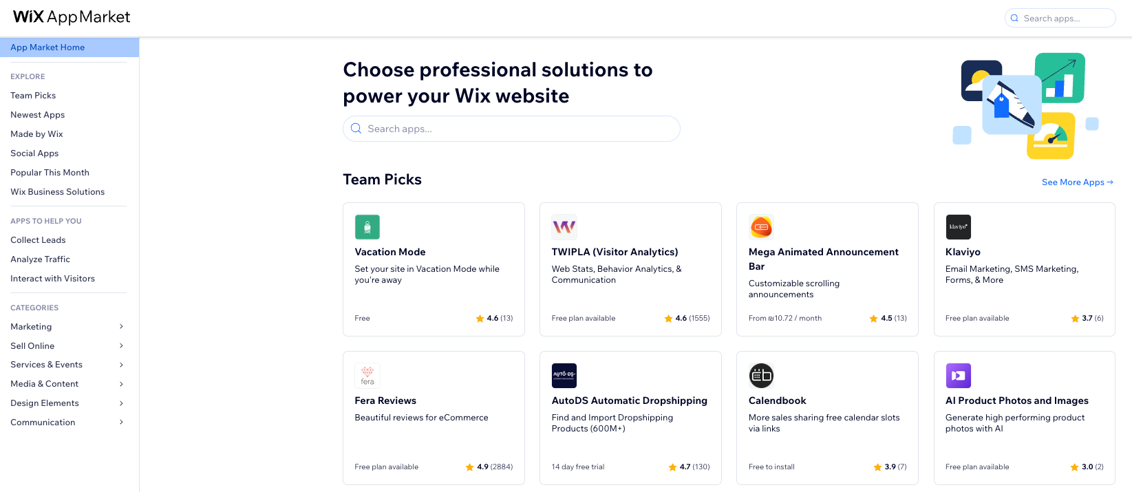 The Wix App Market showing some of the apps.