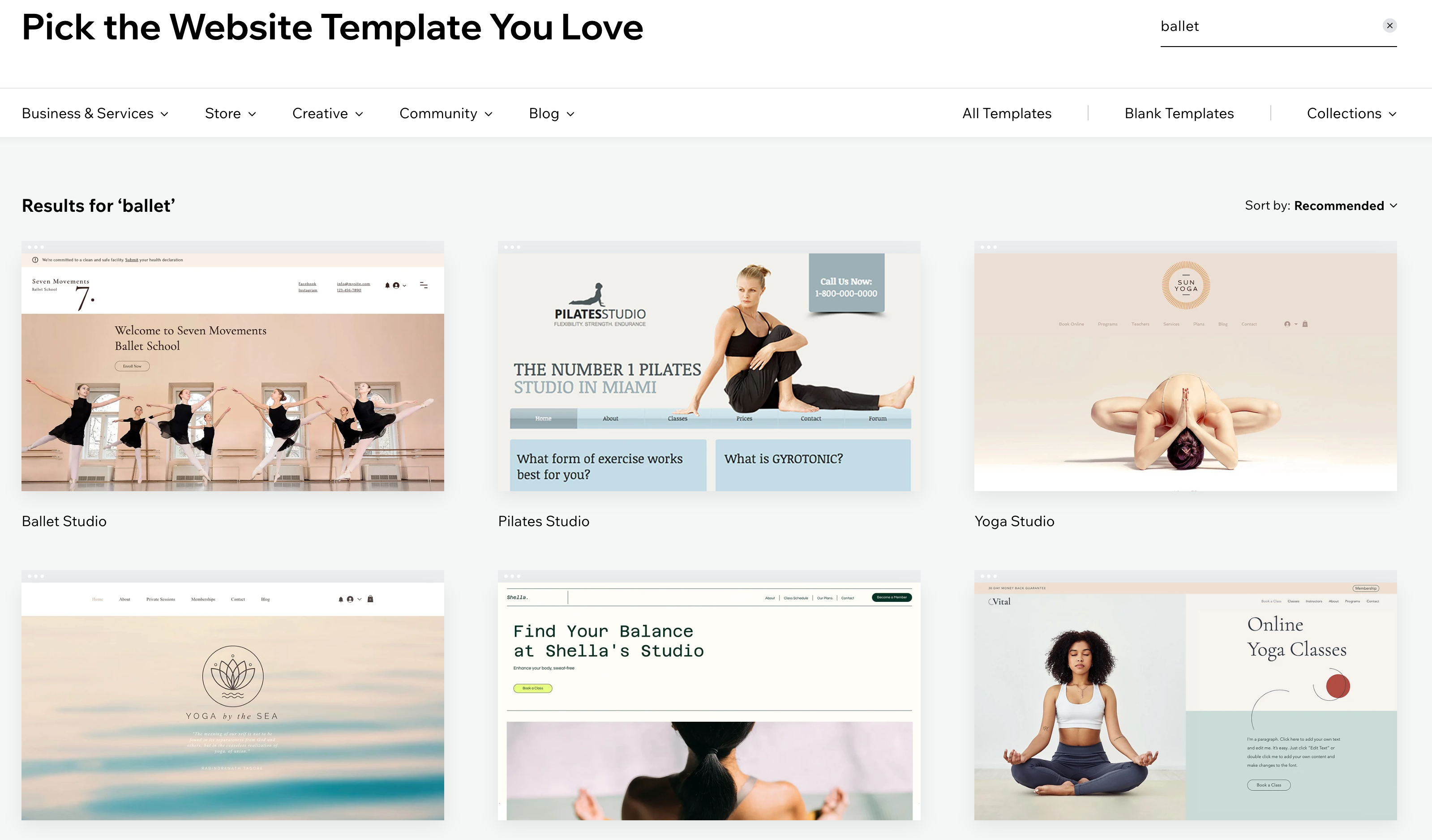 A screenshot of the Templates page at Wix.com.