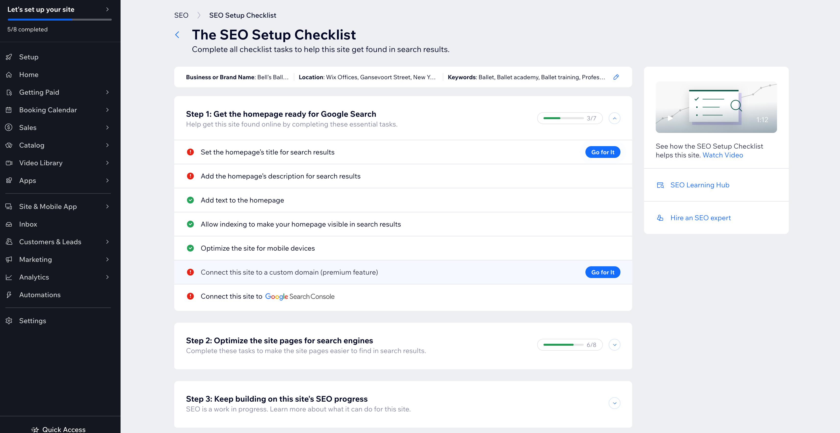 A screenshot of the SEO Setup Checklist for a Wix site.