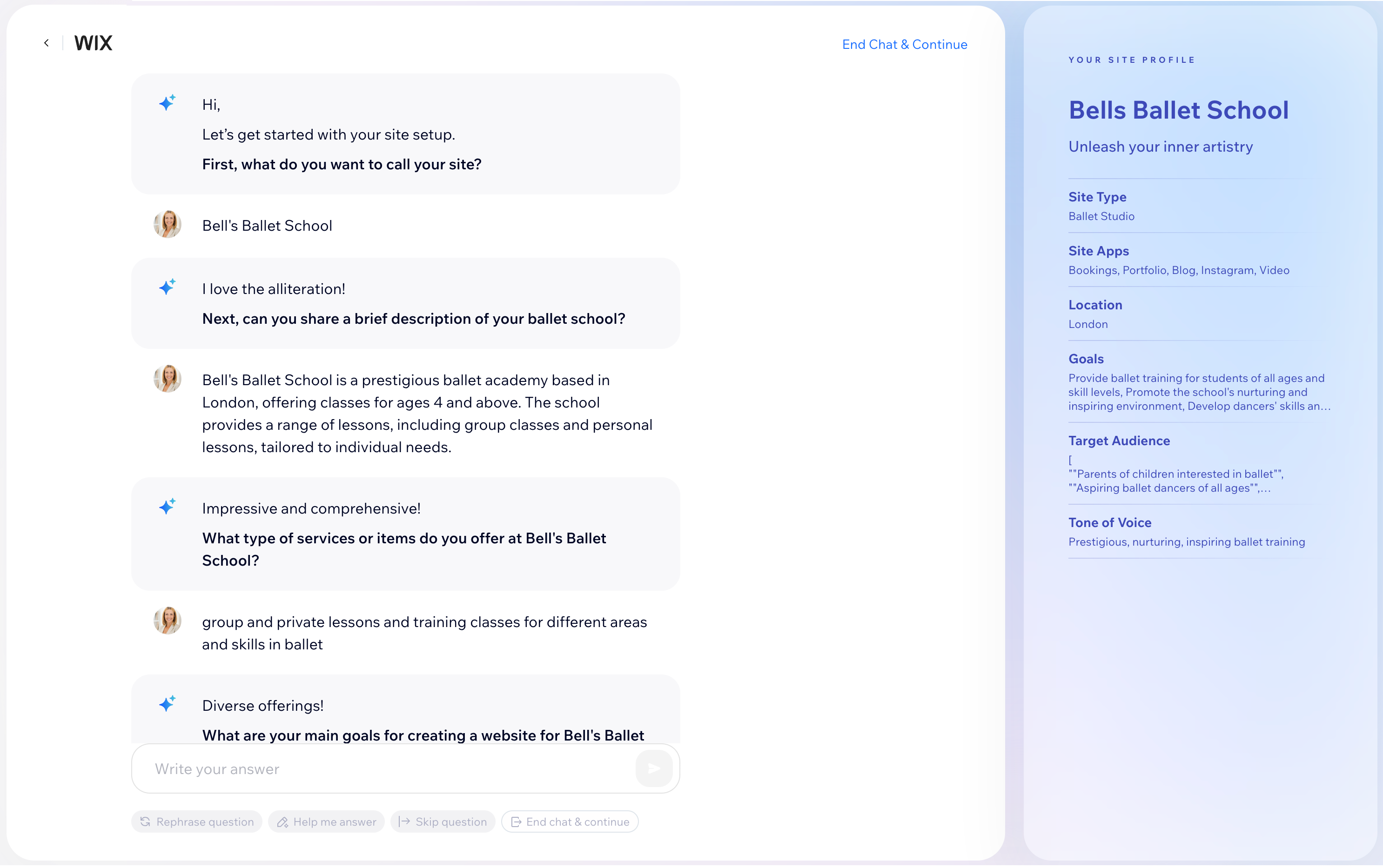 A screenshot showing the Wix AI tool for setting up your online business.